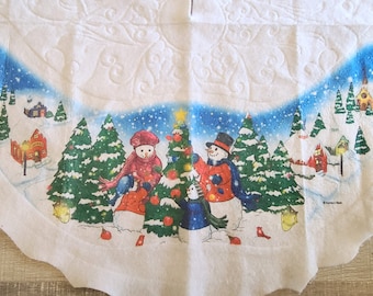 1980's Felt Snowman Tree Skirt-Vintage Christmas-Embossed-Christmas Decor-Retro Christmas-Christmas Table-Vintage Tree Skirt