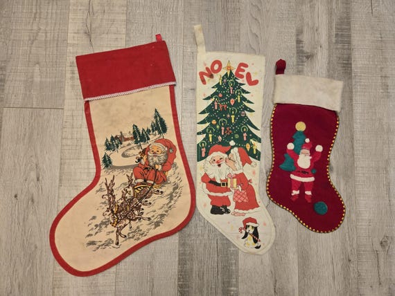 Vintage Christmas Stockings-Santa-Noel-Vintage Christmas-Flannel-Felt-Santa-Snowman-Christmas Decor-Retro Christmas-Mid Century