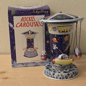 2001 Vintage Schylling Rocket Carousel Antique Reproduction Mechanical Tin Toy-Space-Alien-Planet-Retro Toy-Fair Ride-Wind Up-Spinning