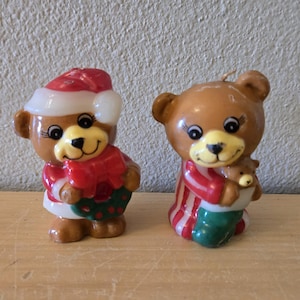 2 Vintage Christmas Teddy Bear Novelty Candles-Santa-Vintage Candle-Christmas Decor-Santa-Giftco-Christmas Village-Kitschy