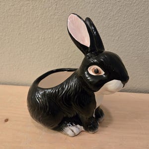 May include: Black ceramic rabbit planter with pink ears and a white patch on its face. The planter has a small opening on the top for planting.