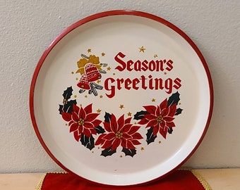 Vintage Christmas Poinsettia Tray-Seasons Greetings-Vintage Christmas-Christmas Dish-Christmas Serving Tray-Christmas Plate-Serving Dish