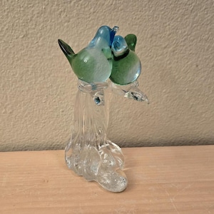 Vintage Crystal Love Birds Glass Figurine-Murano Style-Bird Decor-Art Glass-Silverstri Style-Bird Sculpture-Paper Weight-Blown Glass-MCM