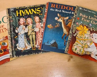 Vintage Children's Christmas Golden Books-Christmas Decor-Vintage Books-Hymns-Rudolph-Poky Puppy-ABC for Christmas-Retro Christmas