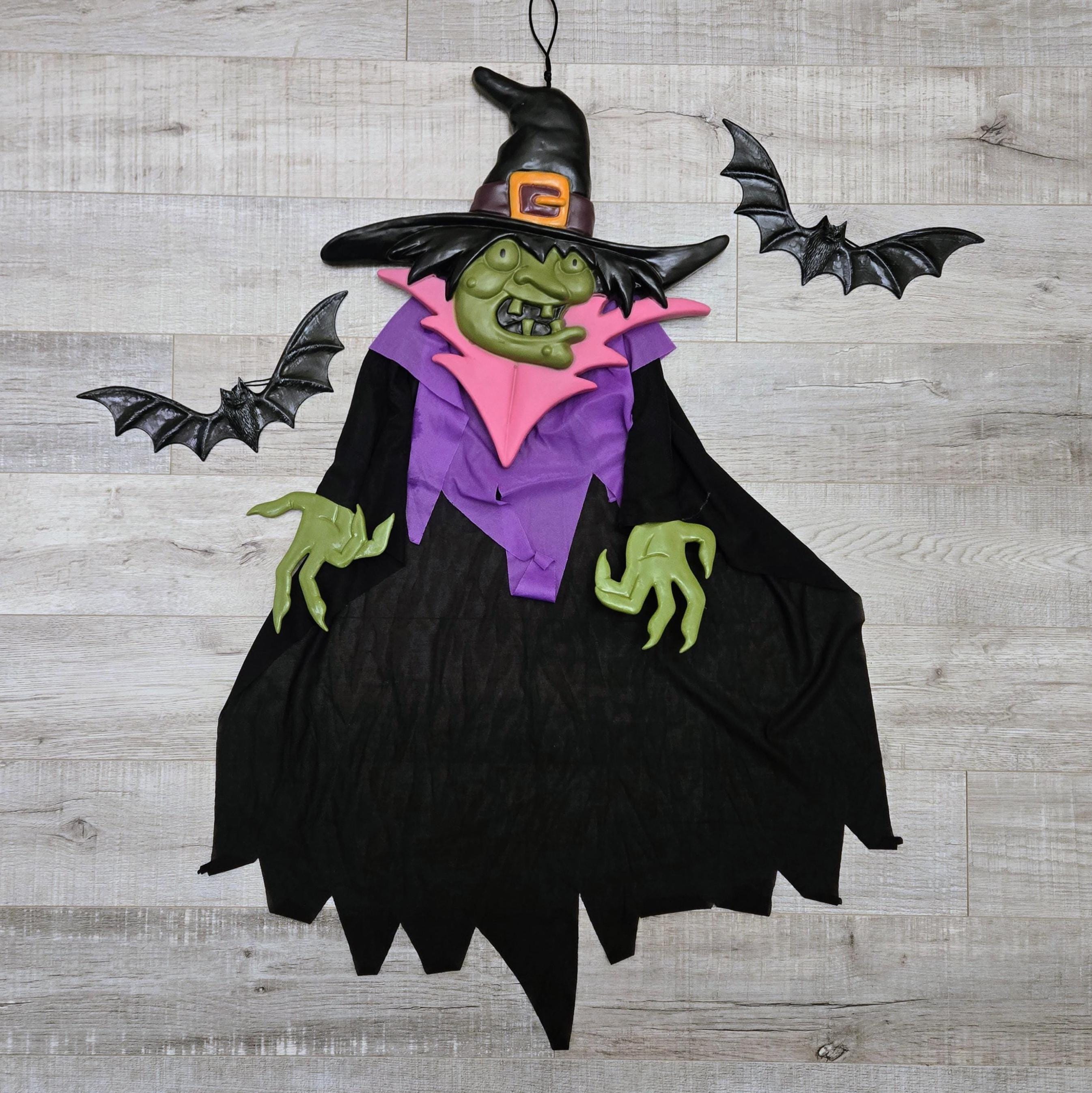 RARE Vintage Halloween Molded Plastic Witch & Bats Wall Deco
