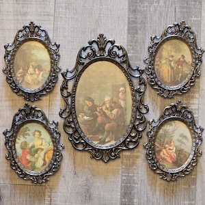 5 pc Vintage Ornate Brass Oval Picture Frames with Italian Art-Florentine-Renaissance-Victorian-Baroque-Shabby Chic-Filigree-Wall Decor