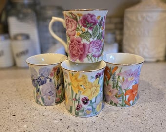 Juego de 4 tazas de café Lenox Flower Blossom Collection de 1995 - Porcelana fina - Taza de café vintage - Estilo shabby chic - Taza con diseño floral - Rosa - Lirio de día - Narciso - Iris - Floral