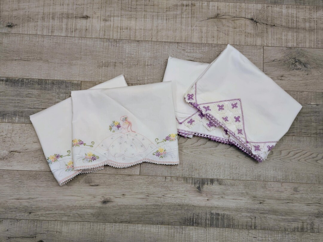 Vintage Embroidered Crocheted Standard Pillowcases-vintage Bedding ...