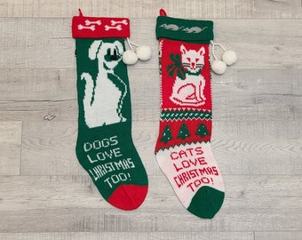 1980's Cat & Dog Knit Christmas Stockings-Vintage Stocking-Christmas Decor-Retro Christmas-Vintage Christmas-Cat Lover-Dog Lover