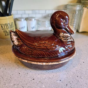 May include: A brown ceramic duck-shaped container with a lid, likely for kitchen use. The duck has detailed feather and wing patterns, with a glossy finish. The base is a matching brown with a lighter rim. The container is on a countertop.