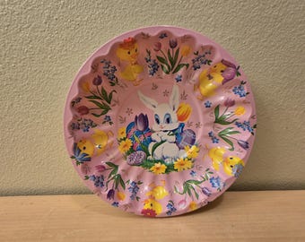 Vintage Pink Plastic Scalloped Bunny & Chick Easter Serving Tray-Serving Bowl-Easter Decor-Bunny Rabbit-Cookie Tray-Easter Bunny-Easter Bowl