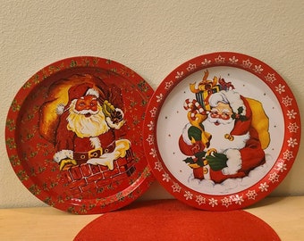 1980's Vintage Christmas Santa Tin Trays-Vintage Christmas-Christmas Dish-Christmas Serving Tray-Christmas Plate-Serving Dish-Kitsch