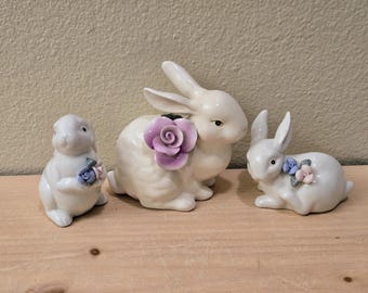 3pc Vintage Floral Bunny Figurines-Easter Decor-Vintage Easter-Rabbit-Farmhouse-Country Decor-Barnyard-Easter Table-Spring Decor