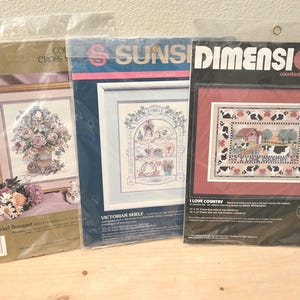 Vintage Cross Stitch Needlepoint Kits-Cows-Floral-Flowers-I Love Country-Victorian Shelf-Basket Bouquet-Dimensions-Sunset-Candamar Designs