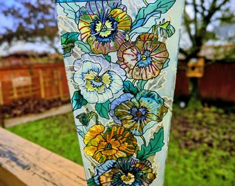 Vintage AMIA Stained Glass Pansy Vase-Hand-Painted-Floral-Flower-Garden-Bridal Shower-Wedding-Shabby Chic-Housewarming-Flower Holder