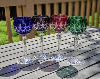 CHOICE AJKA Crystal Arabella Stemware Hock Wine Glass-Goblet-Cobalt-Emerald-Ruby-Amethyst-Cut to Clear-Leaded Glass-Hungarian