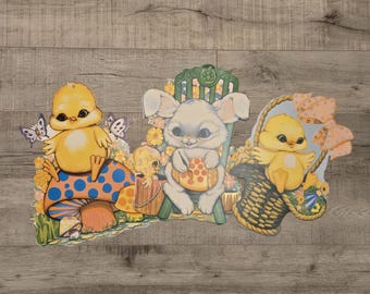 3 piezas de troqueles de papel de conejos y pollitos de Pascua vintage de Beistle de 1977, decoración de Pascua con forma de hongo, efímeras de Pascua vintage, decoración de pared con forma de conejo