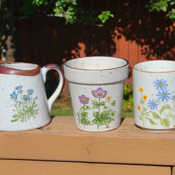 1970's Vintage Speckled Stoneware Pottery Floral Planters & Coffee Mug-Flower Pot-Boho-Farmhouse-Cottage Core-Plant Holder-Succulent-Vase