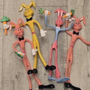 4pc Easter Bunny Rubber 12&quot; Poseable Bendable Toys-Neon-Easter Decor-Vintage Easter-Easter Toy-Rabbit-Easter Basket-Retro Toy