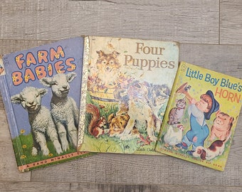 Vintage Children's Books-Little Boy Blue-Four Puppies-Farm Babies-Nursery-Kid's Books-Dogs-Little Golden Book-Rand McNally