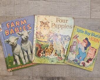 Vintage Children&#39;s Books-Little Boy Blue-Four Puppies-Farm Babies-Nursery-Kid&#39;s Books-Dogs-Little Golden Book-Rand McNally