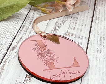 Floral Monogram Ornament, Baby's First Christmas, Baby Girl Ornament, Mirrored Acrylic Ornament, Wooden Ornament