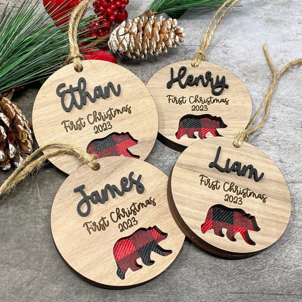 Personalized Baby's First Christmas Ornament 2023 - Buffalo Plaid -  Woodland Bear Ornament - Baby Gift - Baby Boy Ornament - Lumberjack