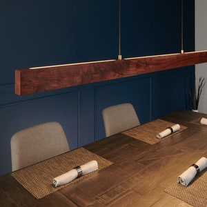 Lineaire ophanging omhoog en omlaag houten hanglamp, houten horizontale plafondlamp, rustieke moderne minimalistische kroonluchterverlichting met dubbele rand