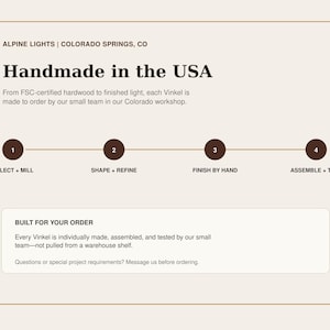 May include: An informational graphic with a light background and dark brown text. It states Alpine Lights | Colorado Springs, CO, Handmade in the USA, and details the four-step production process: Select + Mill, Shape + Refine, Finish by Hand, and Assemble + Test.