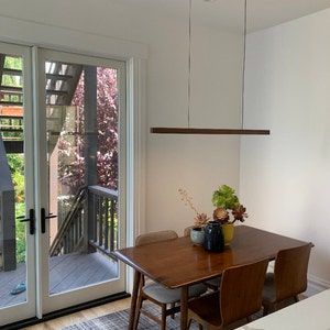 Linear chandelier, dining room light, suspension light, modern chandelier, linear pendent light, wood chandelier, wooden pendent light, modern light, modern wood light, hanging wood light, kitchen island light, pool table light, mid century lighting