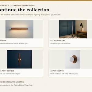May include: A collection of four hardwood lighting fixtures labeled Alpine Lights. The Tio Vanity is a horizontal wall light, the Sta Floor Lamp is a tall vertical light, the Fyra Post Sconce is a vertical wall light, and the Aspen Sconce is a round wall light with a glass globe.