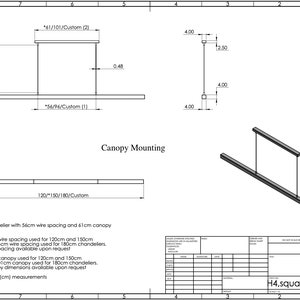 Pu&ograve; includere: Disegno tecnico di un sistema di montaggio a baldacchino per un lampadario. Il disegno mostra diverse dimensioni e configurazioni per il baldacchino e lo spazio tra i fili. Il disegno include note sulle misure e le opzioni disponibili per diverse dimensioni di lampadari.