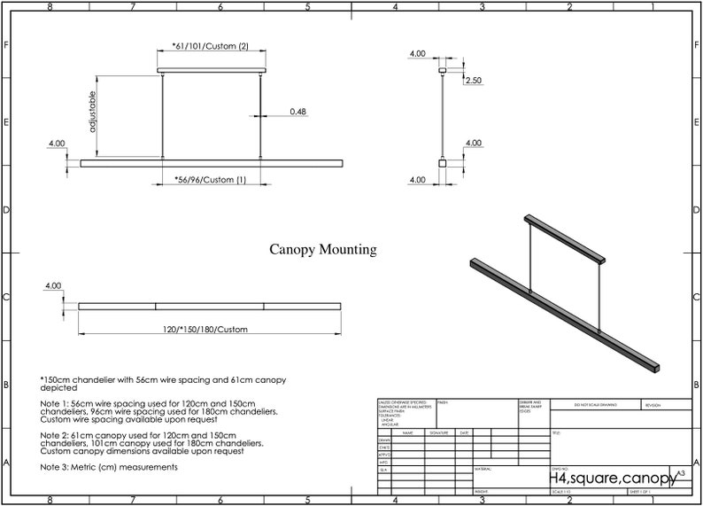 Pu&ograve; includere: Disegno tecnico di un sistema di montaggio a baldacchino per un lampadario. Il disegno mostra diverse dimensioni e configurazioni per il baldacchino e lo spazio tra i fili. Il disegno include note sulle misure e le opzioni disponibili per diverse dimensioni di lampadari.