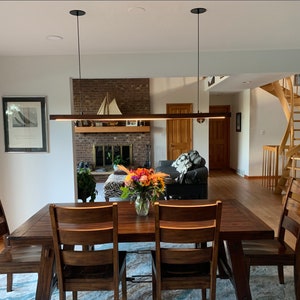 Linear chandelier, dining room light, suspension light, modern chandelier, linear pendent light, wood chandelier, wooden pendent light, modern light, modern wood light, hanging wood light, kitchen island light, pool table light, mid century lighting