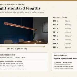 May include: A linear wooden pendant light fixture with a slim, rounded profile. The text displays Fyra Oval, Eight standard lengths, and available sizes ranging from 31.5 in to 94.5 in. It includes a 71 in suspension drop and wire spacing details.