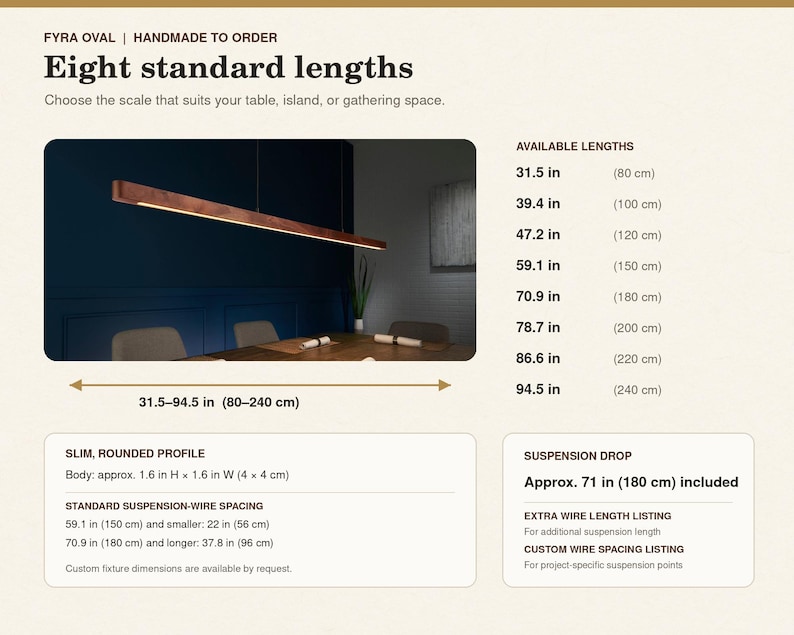 May include: A linear wooden pendant light fixture with a slim, rounded profile. The text displays Fyra Oval, Eight standard lengths, and available sizes ranging from 31.5 in to 94.5 in. It includes a 71 in suspension drop and wire spacing details.