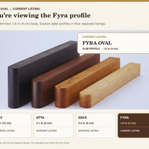 May include: Four wooden Fyra Oval profiles arranged in a row, ranging from dark brown to light natural wood. Text labels include Fyra Oval, Tolv 4.7 in, Atta 3.1 in, Seks 2.4 in, and Fyra 1.6 in. The image displays the slimmest 1.6 inch body profile.
