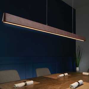 Vinkel lineaire hangkroonluchter | MCM-verlichting | Eilandverlichtingsarmatuur | LED-hangkroonluchter | Lange houten lamp | Houten paneelverlichting