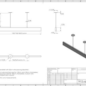 May include: A technical drawing of a square, modern chandelier with three lights. The drawing shows the chandelier in two different views, with measurements in centimetres. The text on the drawing says "H12, square, cup A3".
