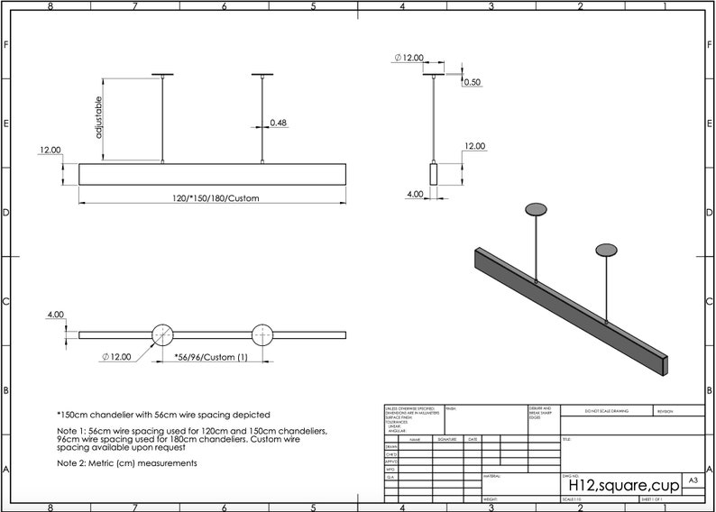 May include: A technical drawing of a square, modern chandelier with three lights. The drawing shows the chandelier in two different views, with measurements in centimetres. The text on the drawing says "H12, square, cup A3".