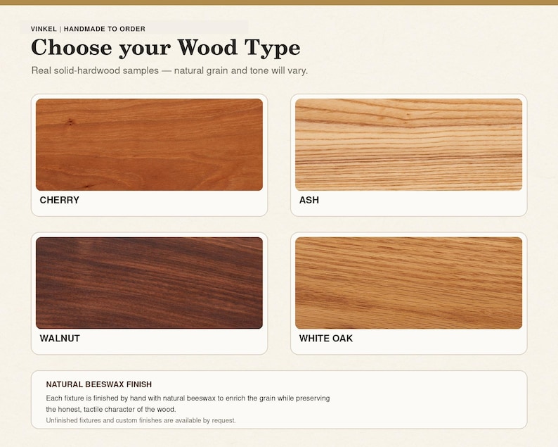 May include: A wood sample chart titled Choose your Wood Type featuring four rectangular swatches labeled Cherry, Ash, Walnut, and White Oak. Each swatch displays the distinct natural grain and color tone of the solid hardwood. A note mentions a natural beeswax finish is applied to the fixtures.