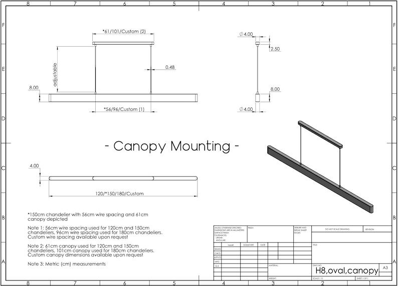 Op de afbeelding: Een technische tekening die de montageopties voor een 150 cm lange kroonluchter laat zien. De tekening toont de verschillende afmetingen van de kap en de beschikbare opties voor de draadafstand. De tekening bevat ook de tekst "Canopy Mounting" en "H8, oval, canopy".