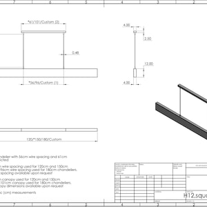 May include: Technical drawing of a square canopy pendant light fixture with adjustable height. The drawing shows the dimensions of the fixture, including the canopy, wire spacing, and overall length. The text "H12, square, canopy" is included in the drawing.