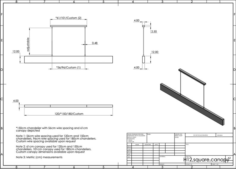 May include: Technical drawing of a square canopy pendant light fixture with adjustable height. The drawing shows the dimensions of the fixture, including the canopy, wire spacing, and overall length. The text "H12, square, canopy" is included in the drawing.