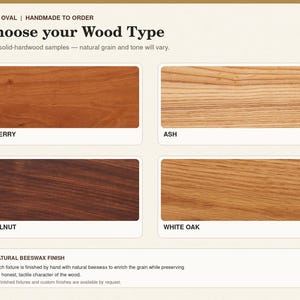 May include: A wood sample chart titled FYRA OVAL | HANDMADE TO ORDER Choose your Wood Type. It displays four rectangular swatches of solid hardwood labeled Cherry, Ash, Walnut, and White Oak, each showing distinct natural wood grain and color tones.
