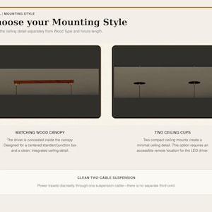 May include: An informational graphic titled Choose your Mounting Style for Vinkel lighting fixtures. It displays two options: a matching wood canopy with a concealed driver and two compact ceiling cups for a minimal look, featuring a clean two-cable suspension system where power travels through one cable.