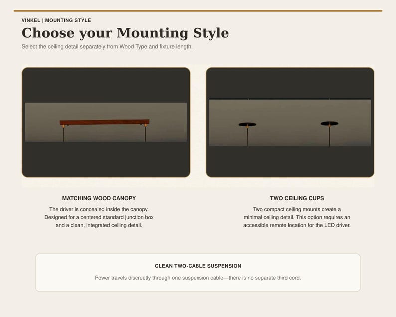 May include: An informational graphic titled Choose your Mounting Style for Vinkel lighting fixtures. It displays two options: a matching wood canopy with a concealed driver and two compact ceiling cups for a minimal look, featuring a clean two-cable suspension system where power travels through one cable.