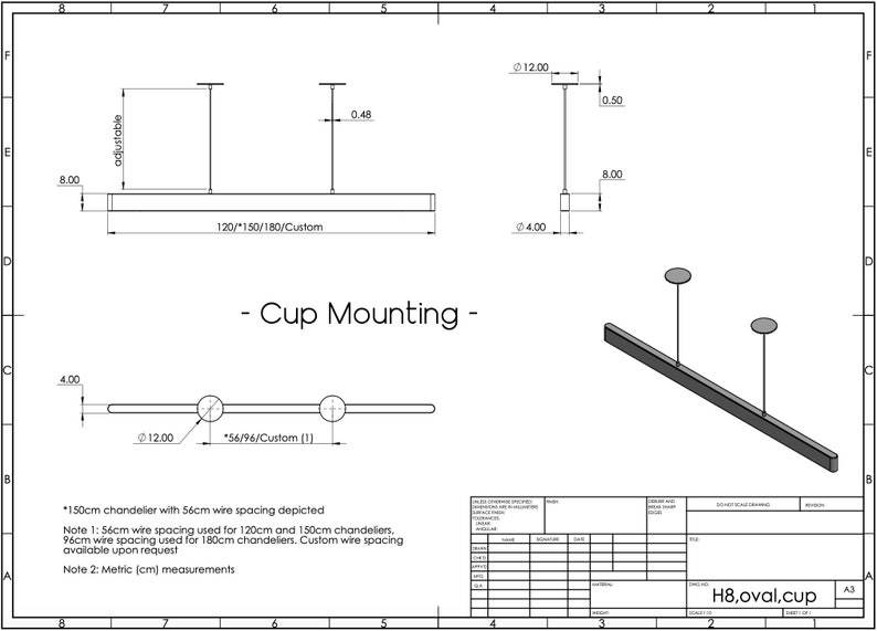 Op de afbeelding: Technische tekening van een bekerbevestigingssysteem voor een lineaire kroonluchter. De tekening toont de verschillende beschikbare maten voor de kroonluchter, evenals de opties voor de draadspati&euml;ring. De tekening bevat ook een opmerking dat metrische maten worden gebruikt.