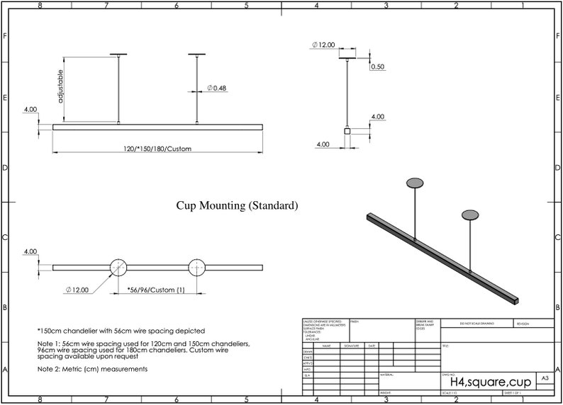 Pu&ograve; includere: Un disegno tecnico di un montaggio a coppa quadrata per un lampadario. Il disegno mostra il montaggio a coppa sia in vista dall'alto che in prospettiva 3D. Il disegno include misure in centimetri. Il testo sul disegno recita "Montaggio a coppa (Standard)" e "*56/96/Custom (1)".