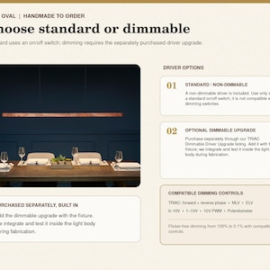 May include: A linear wooden pendant light fixture suspended over a dining table. The image includes text: FYRA OVAL, HANDMADE TO ORDER, Choose standard or dimmable, DRIVER OPTIONS, 01 STANDARD / NON-DIMMABLE, 02 OPTIONAL DIMMABLE UPGRADE, COMPATIBLE DIMMING CONTROLS.